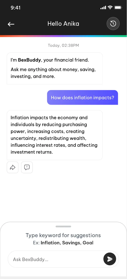 BexBuddy chat answering a savings question