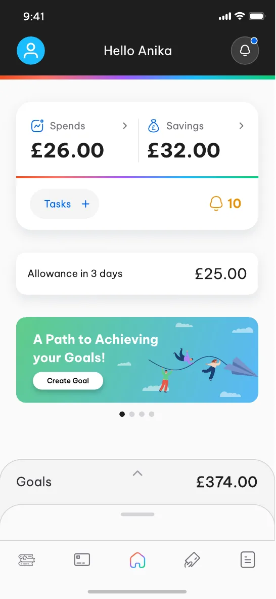 Child home with spends, savings, tasks and goals