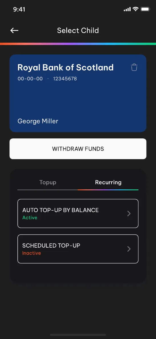 Add funds screen, dark