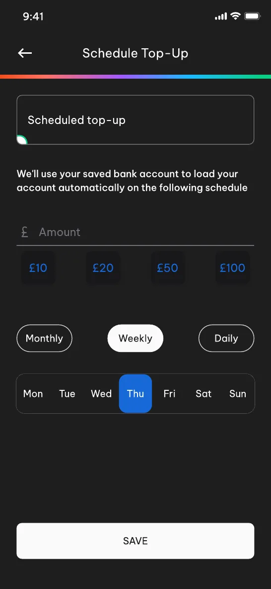 Schedule top-up screen, dark
