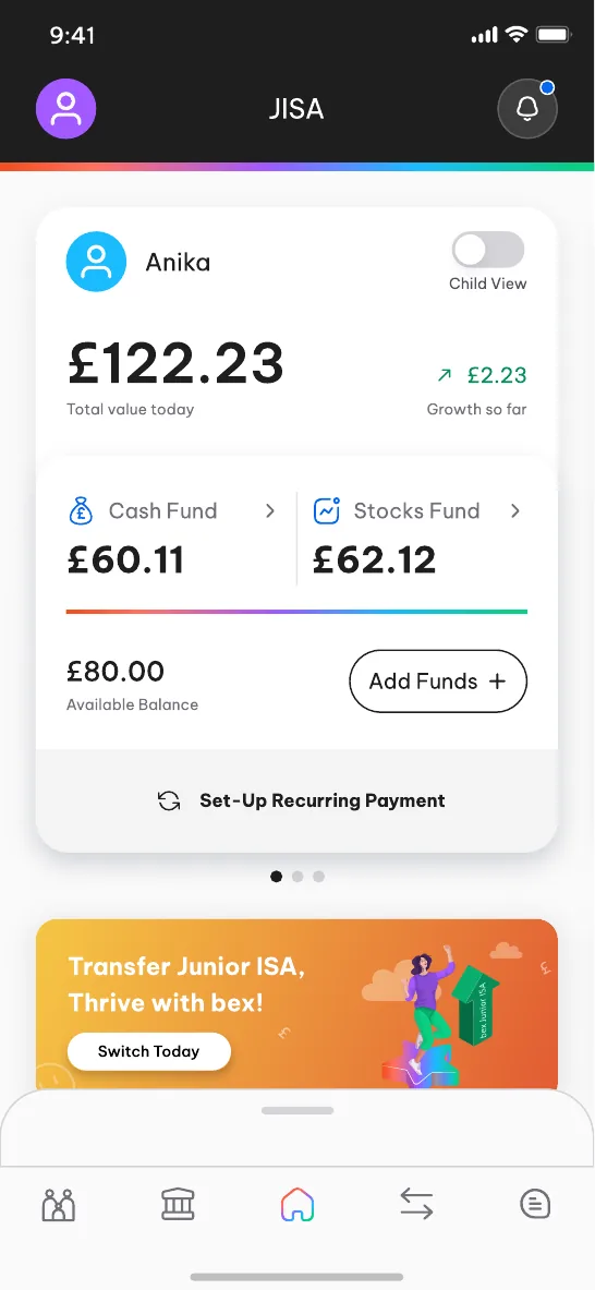 Junior ISA home with cash and stocks split