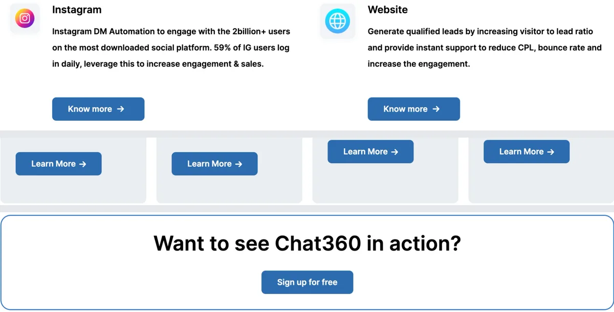Know more, Learn More and Sign up for free buttons from the old page