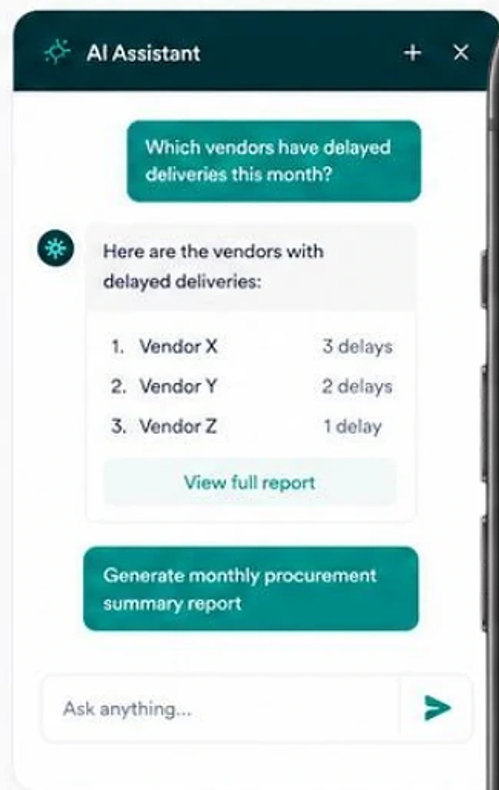 AI Assistant drawer close-up listing vendors with delayed deliveries