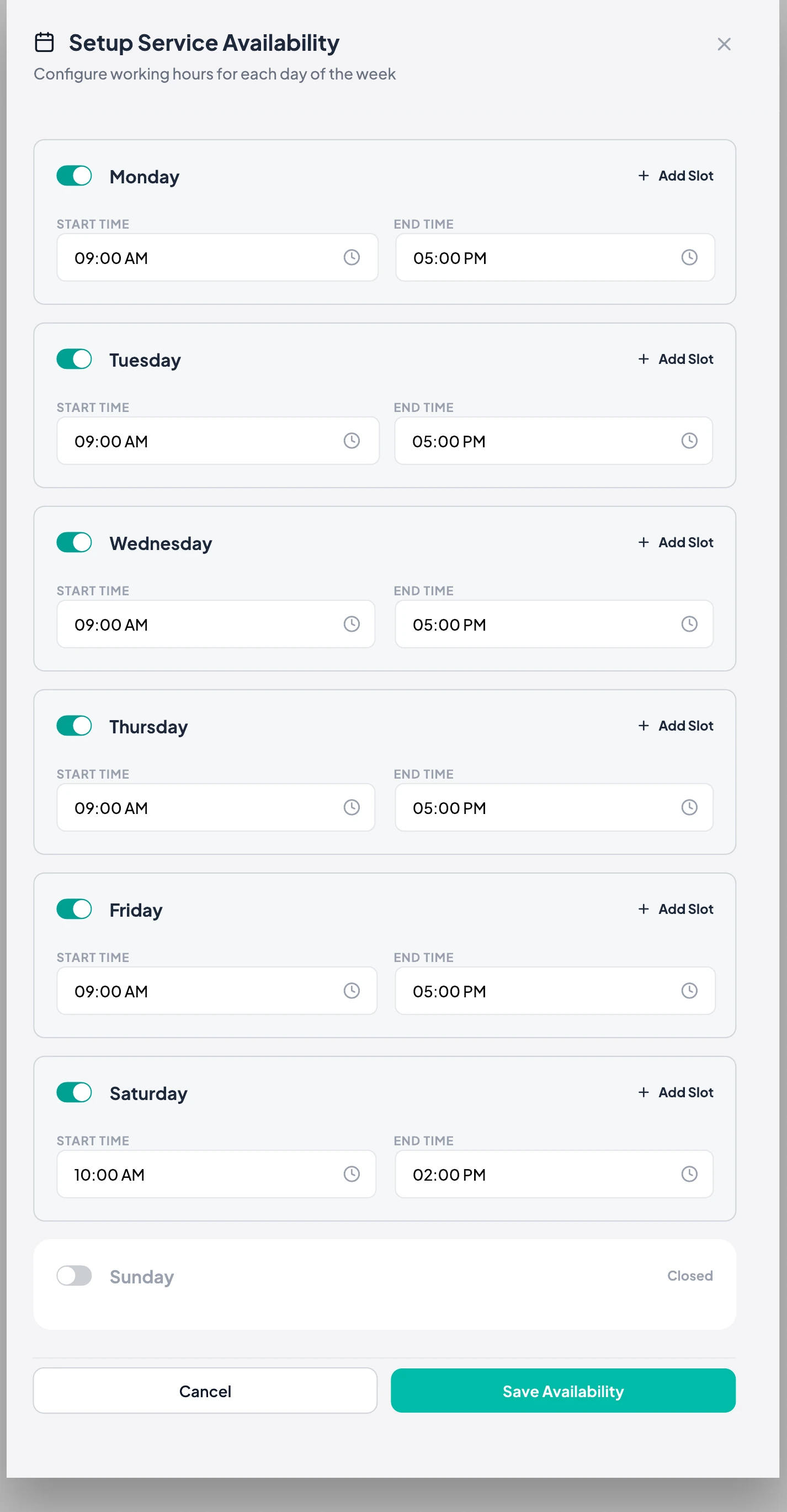 Setup service availability panel with per-day time ranges