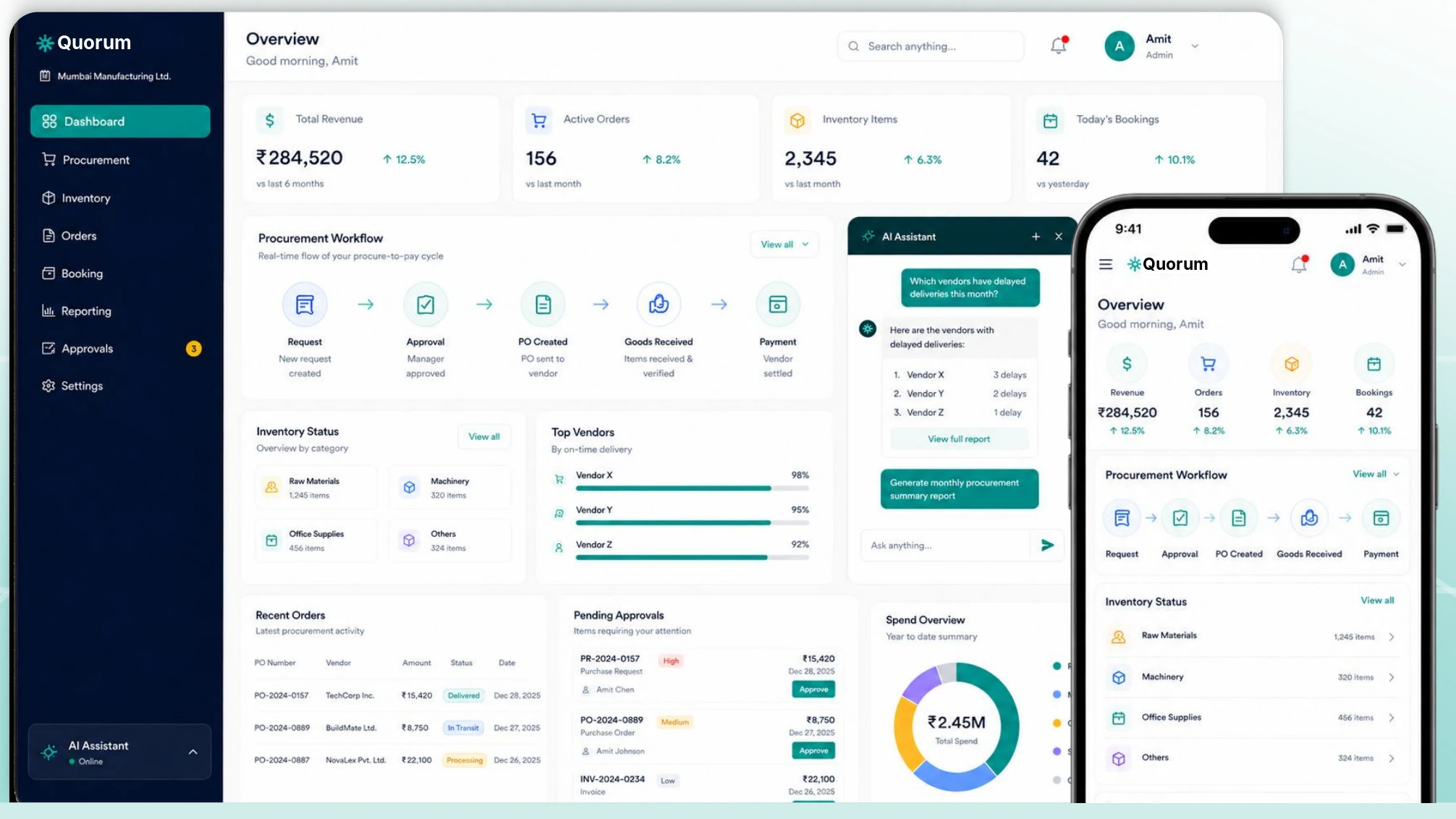 Quorum dashboard on a laptop with the same overview on a phone, an AI assistant drawer open beside the content