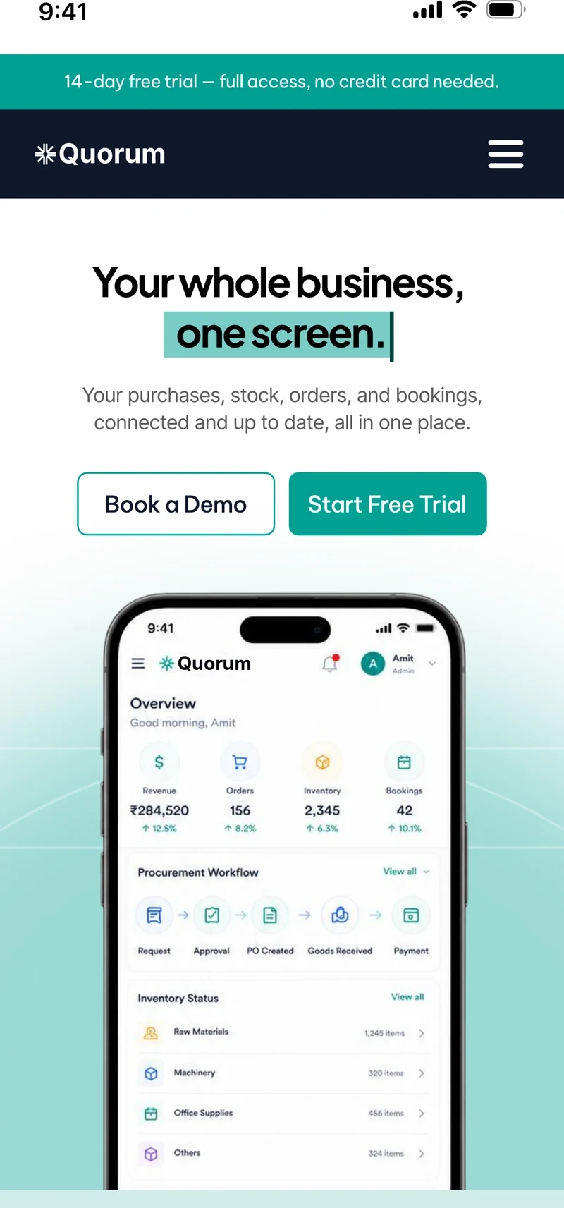 Mobile homepage: free-trial bar, nav, the headline, two buttons and the app on a phone