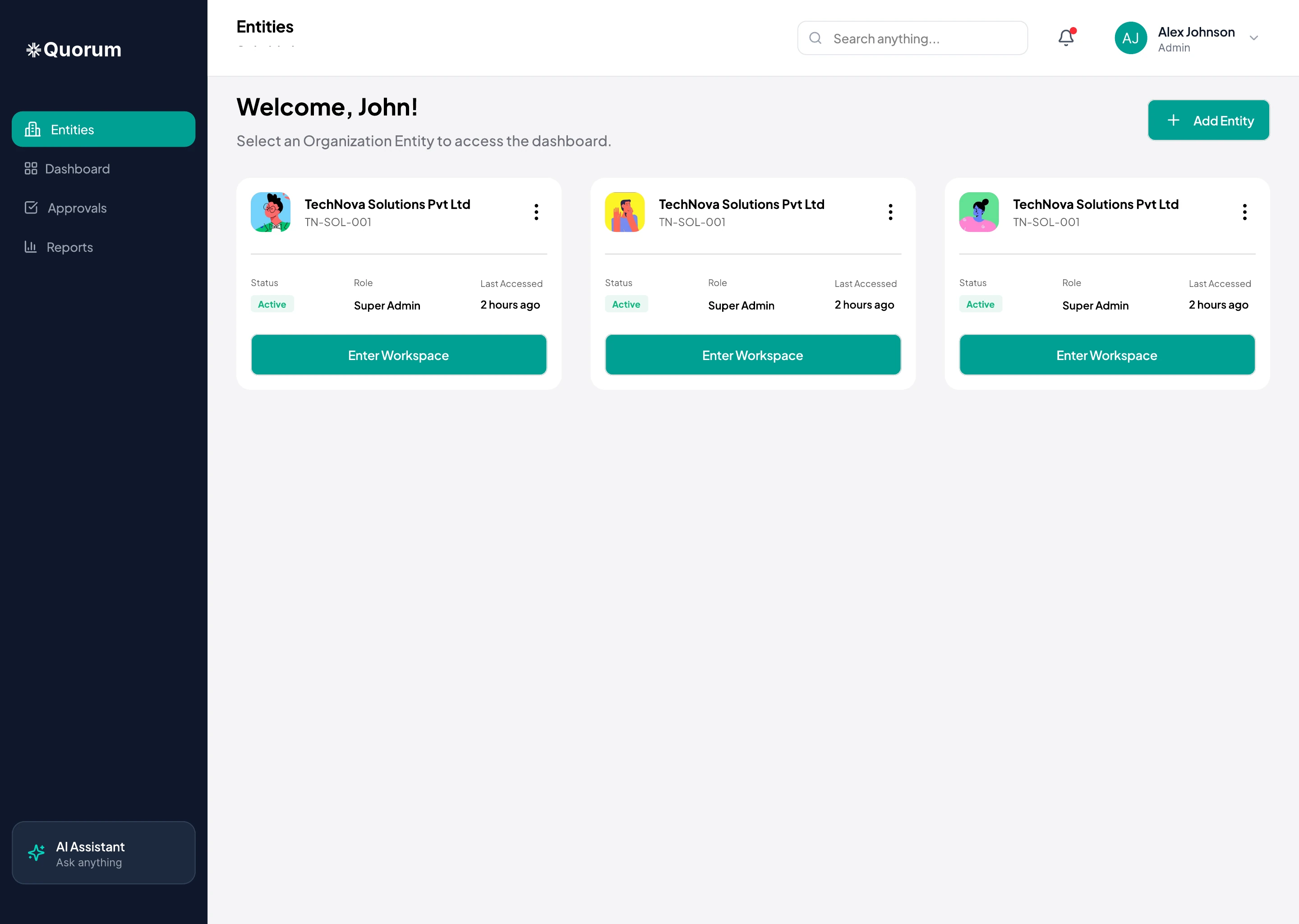 Entities screen with three organisation cards and Enter Workspace buttons