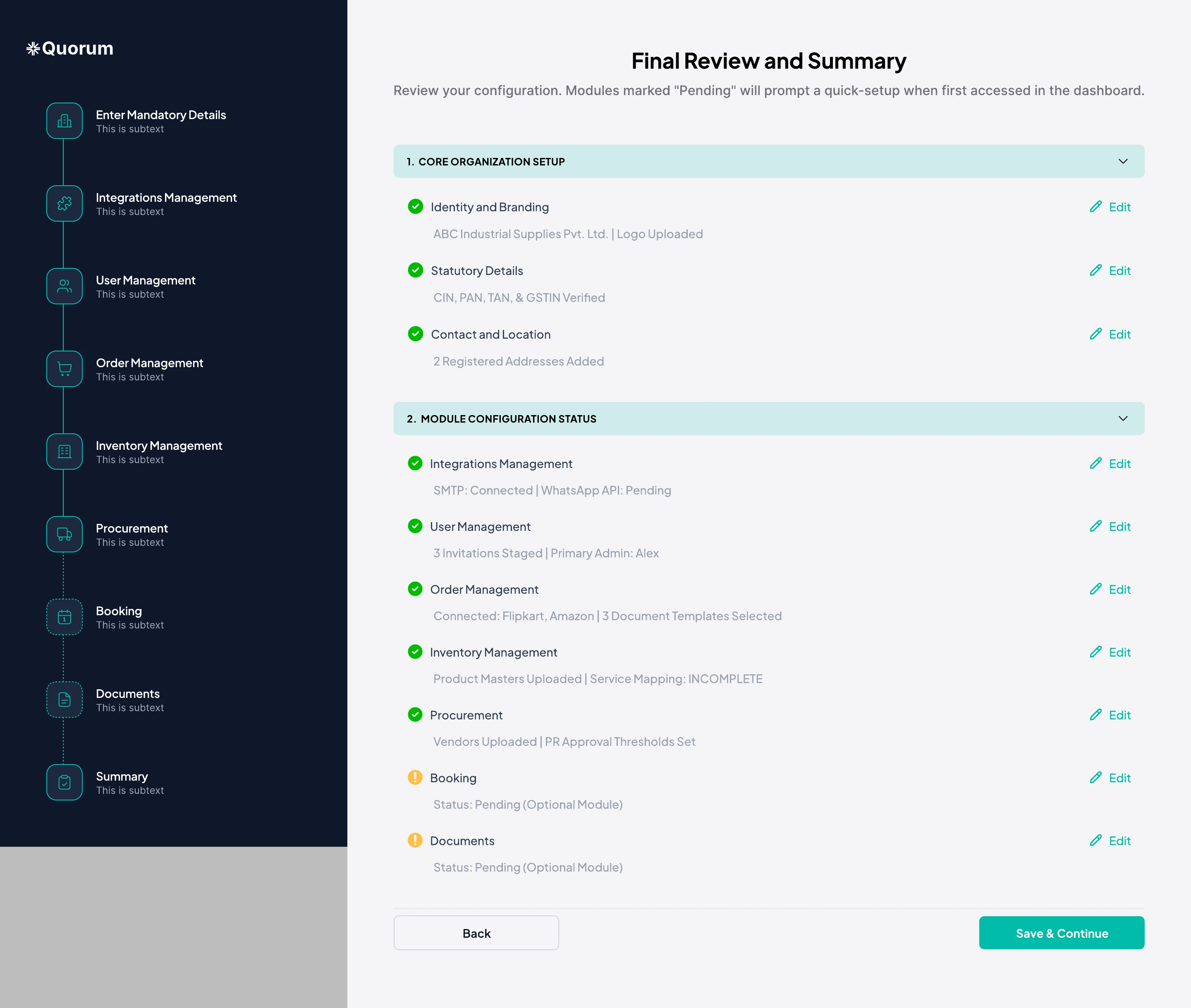 Final review and summary with each completed setup section and edit links