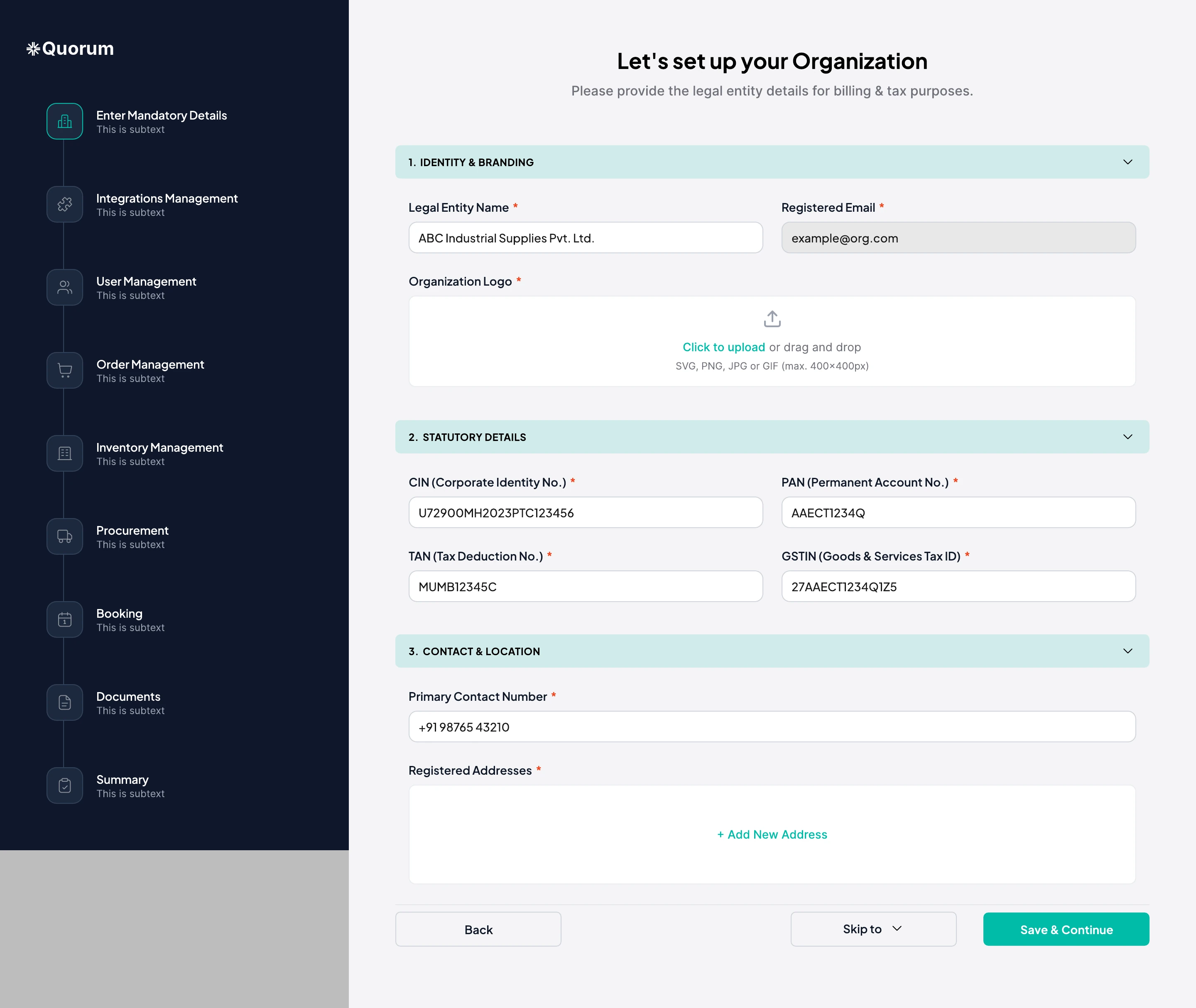 Let's set up your organization: required organization details form with setup checklist
