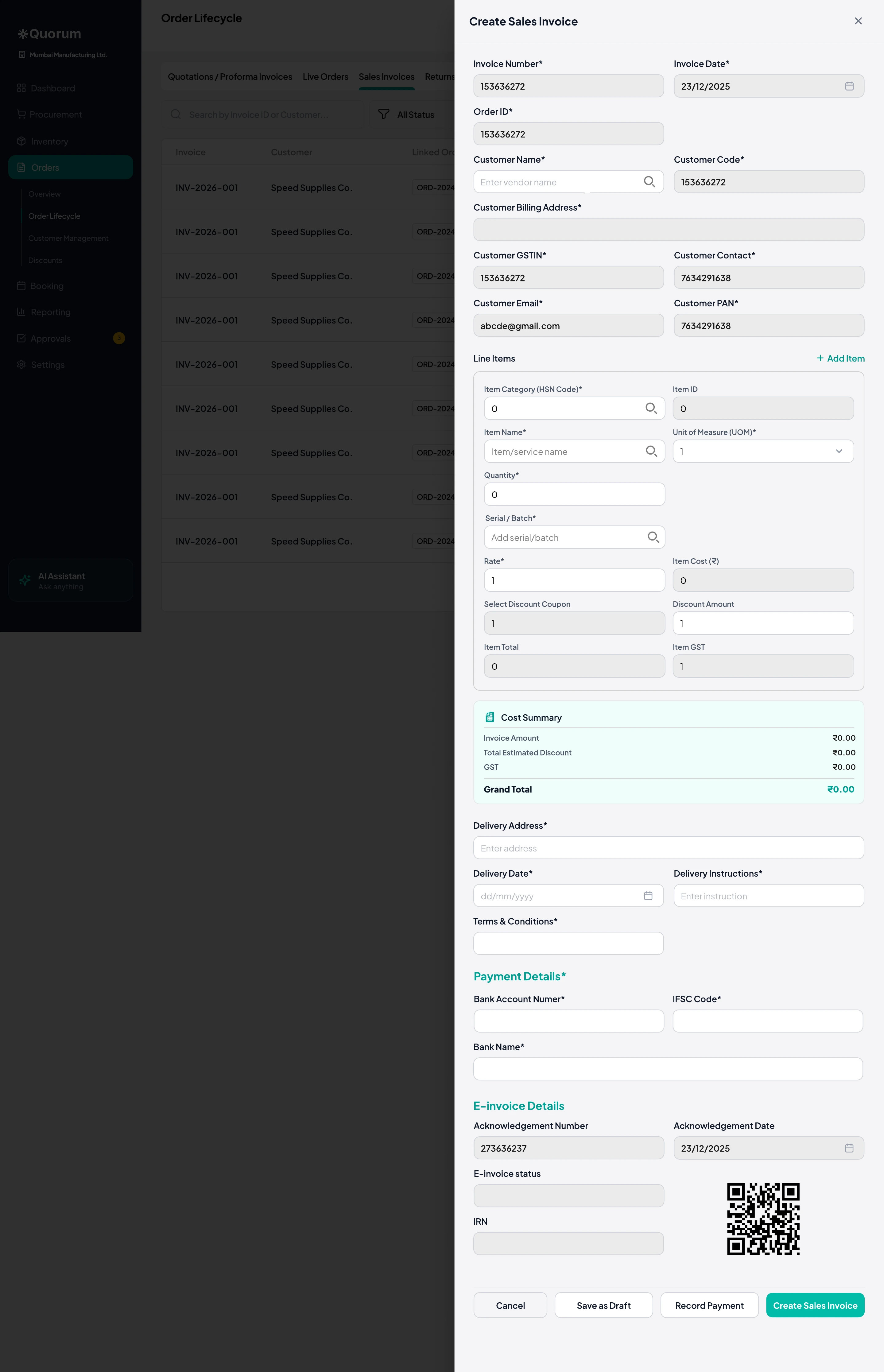 Create sales invoice panel open over the dimmed orders list