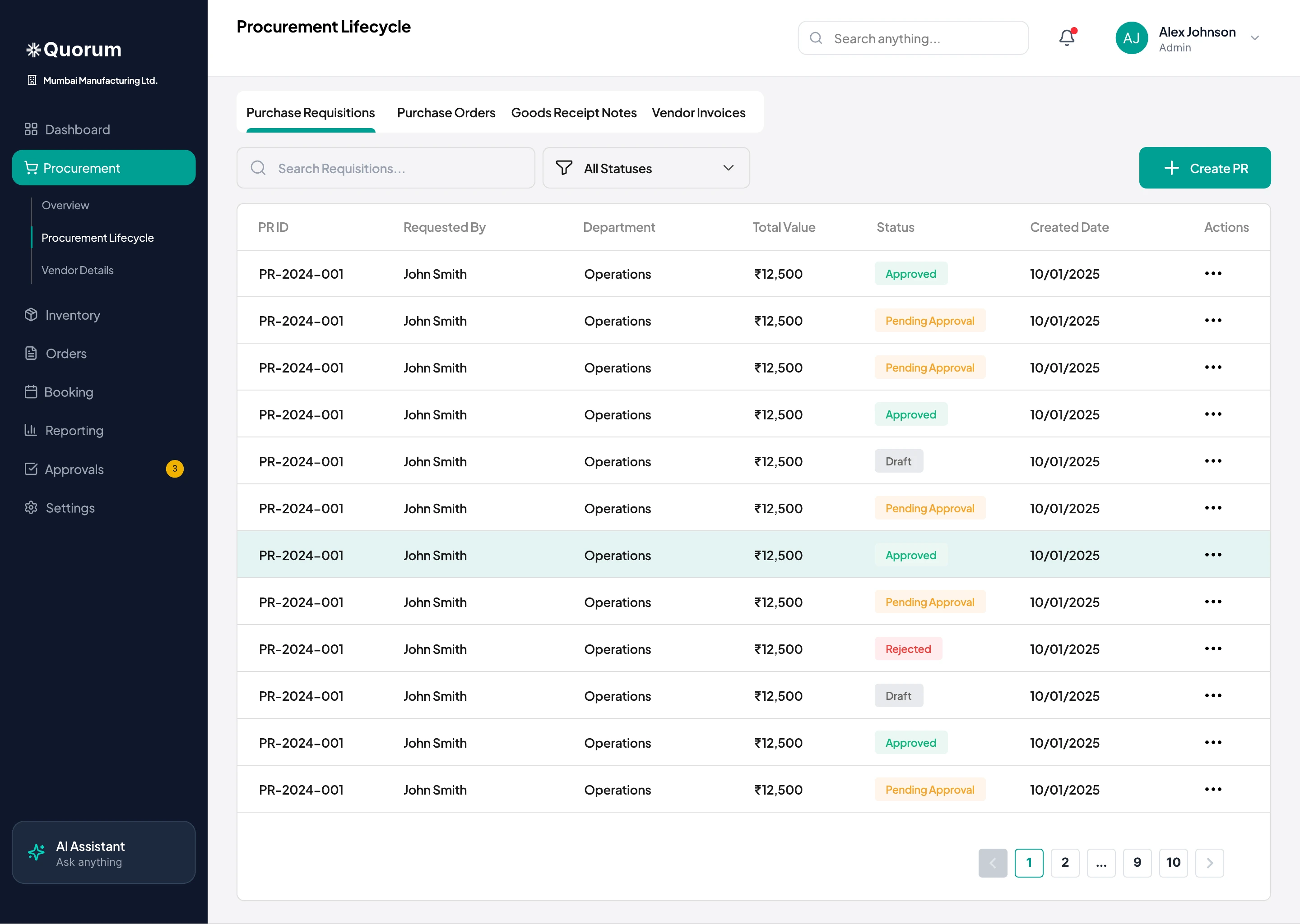 Procurement lifecycle list with tabs for requisitions, orders, receipts and invoices
