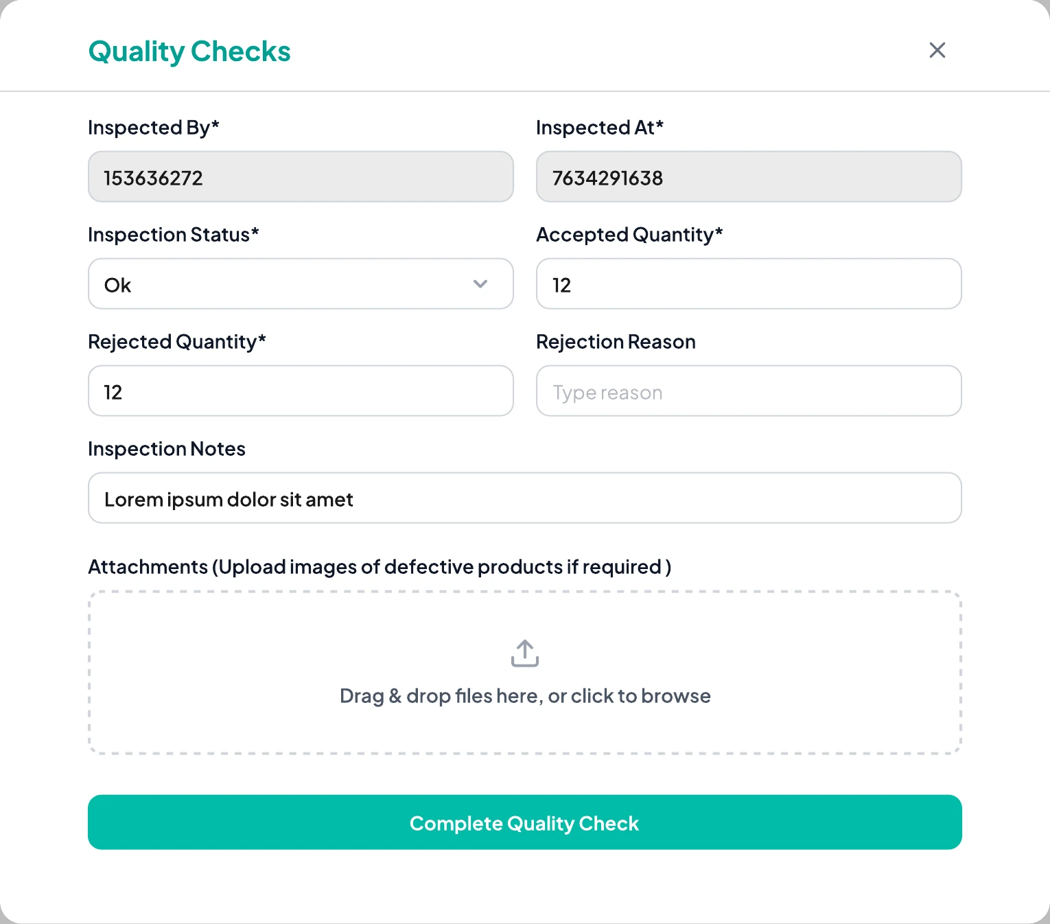 Quality check modal