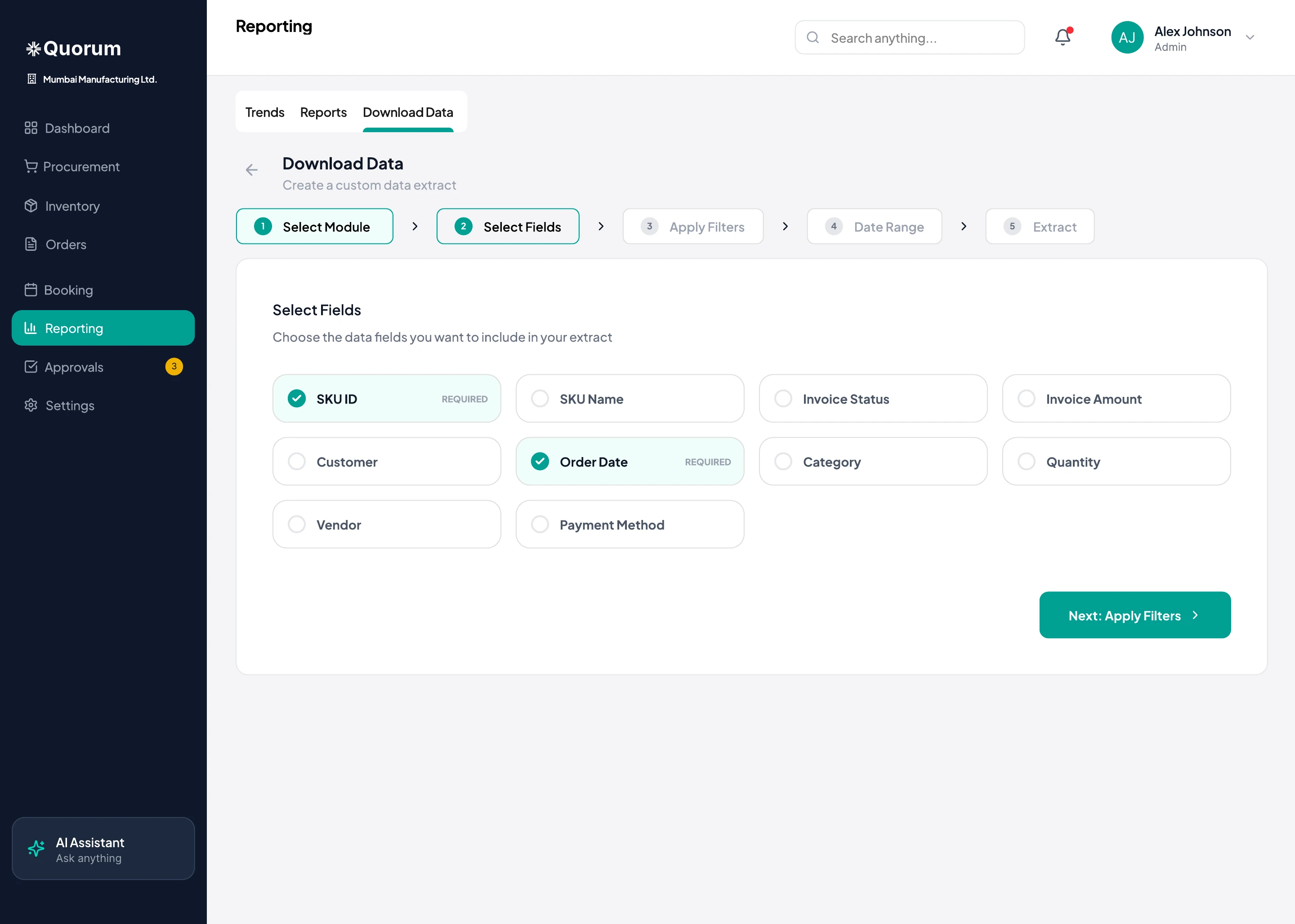 Download data wizard on the select fields step