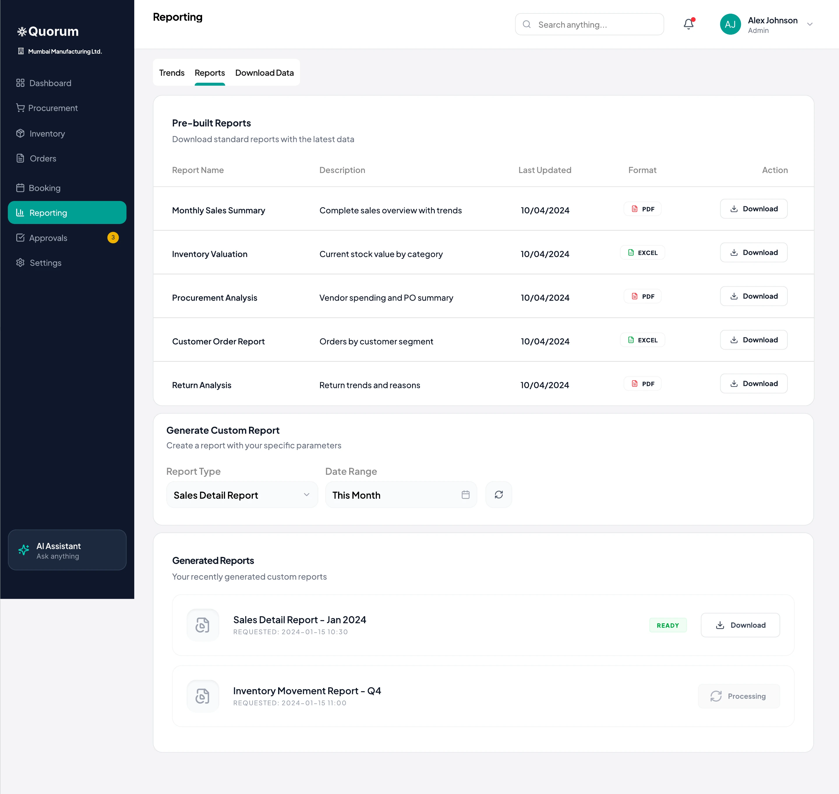 Reports tab with pre-built reports and a custom report generator