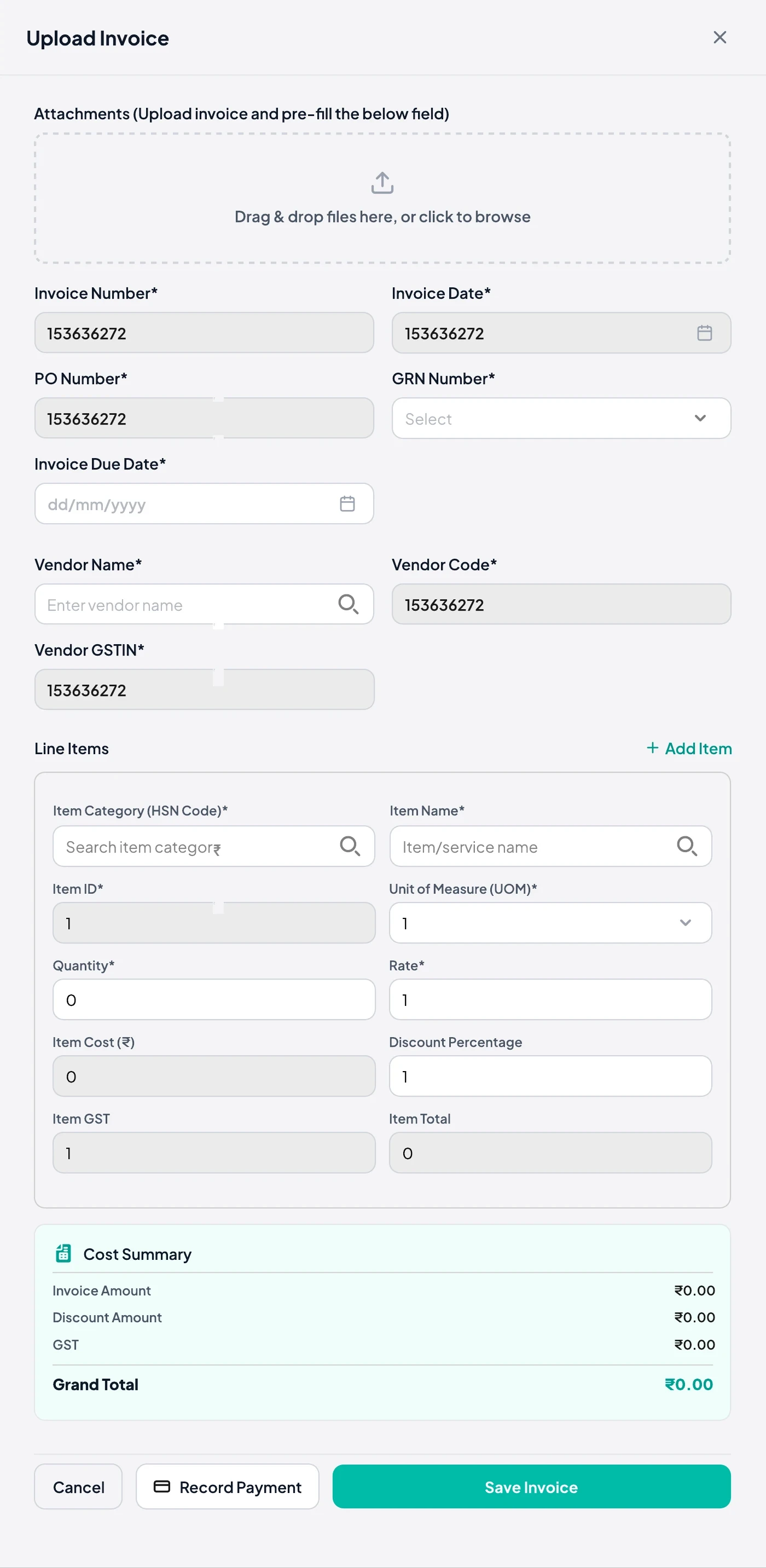 Upload invoice panel