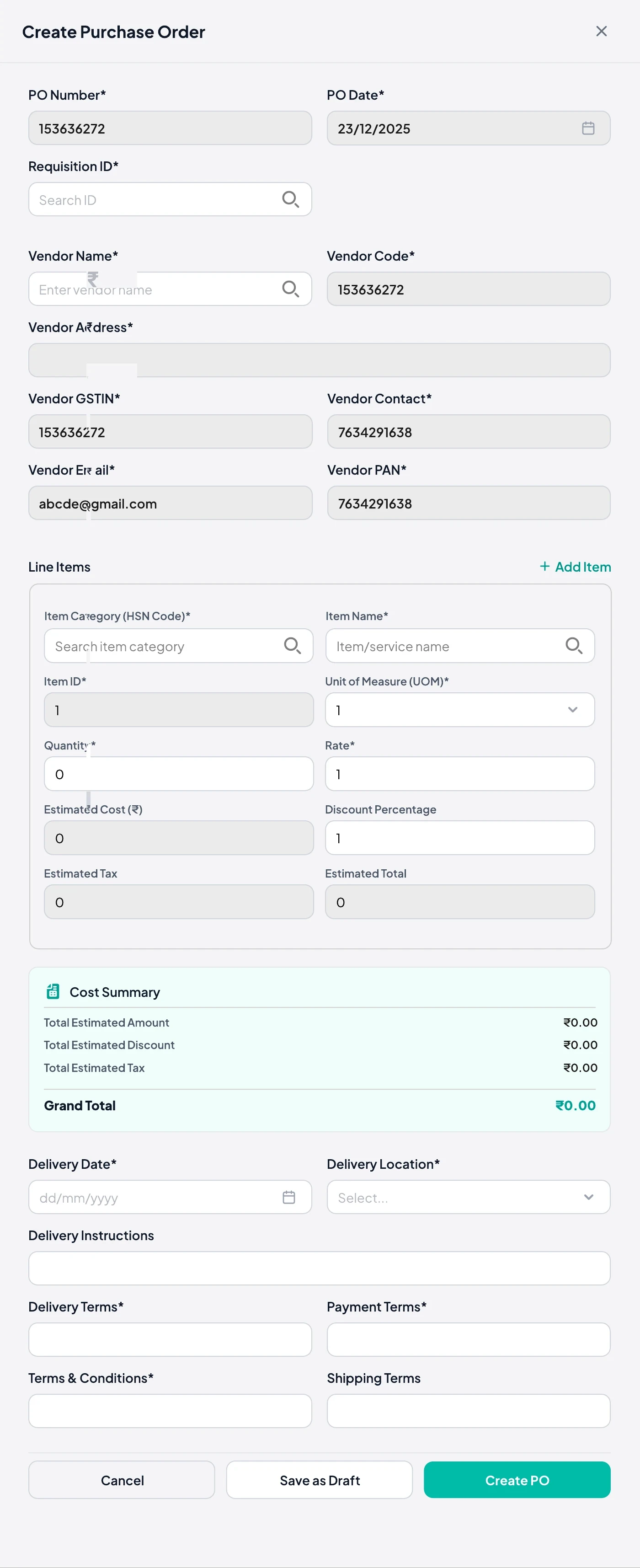 Create purchase order panel