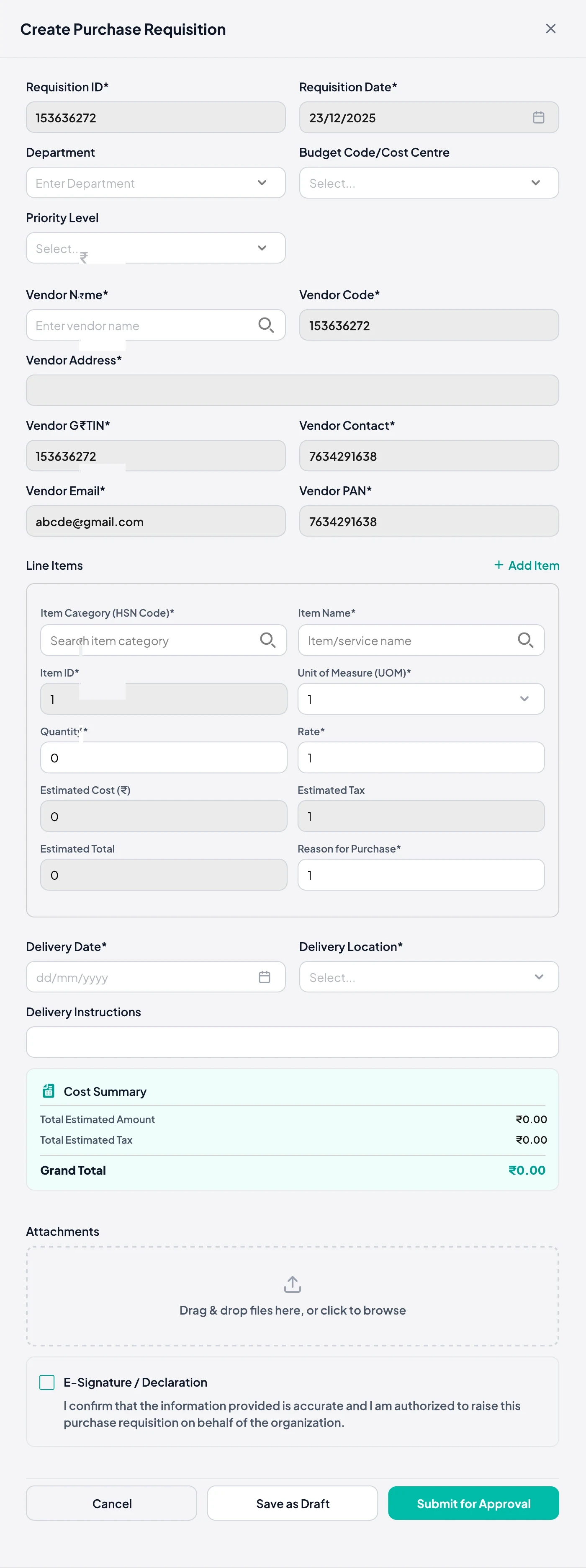 Create purchase requisition panel
